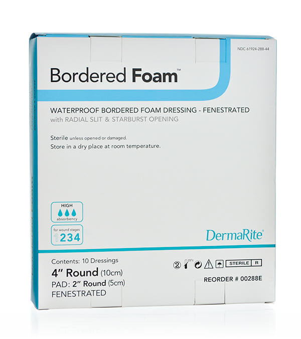 DermaRite 00288E Bordered Foam Dressing - 4 inch diameter round, Fenes   woundcareshop