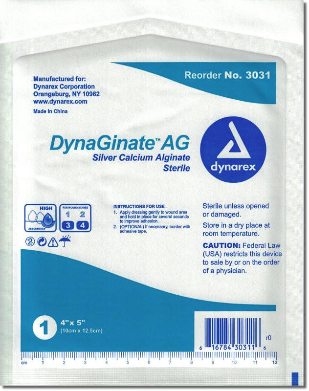 silver calcium alginate dressing Dynarex 3030 DynaGinate AG Silver Calcium Alginate Dressing, 2 inch X 2  inch, Box of 10
