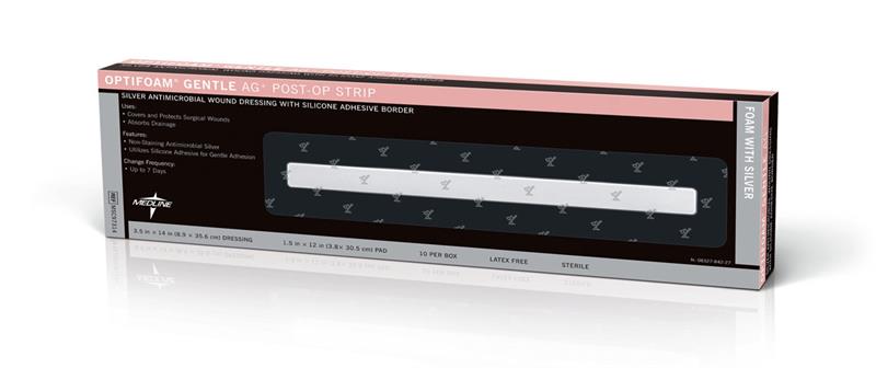 Medline MSC96314Z Optifoam Ag Post-Op Strip Dressing with Silver - 3(1/2)"  x 14", Box of 10 dressings  woundcareshop