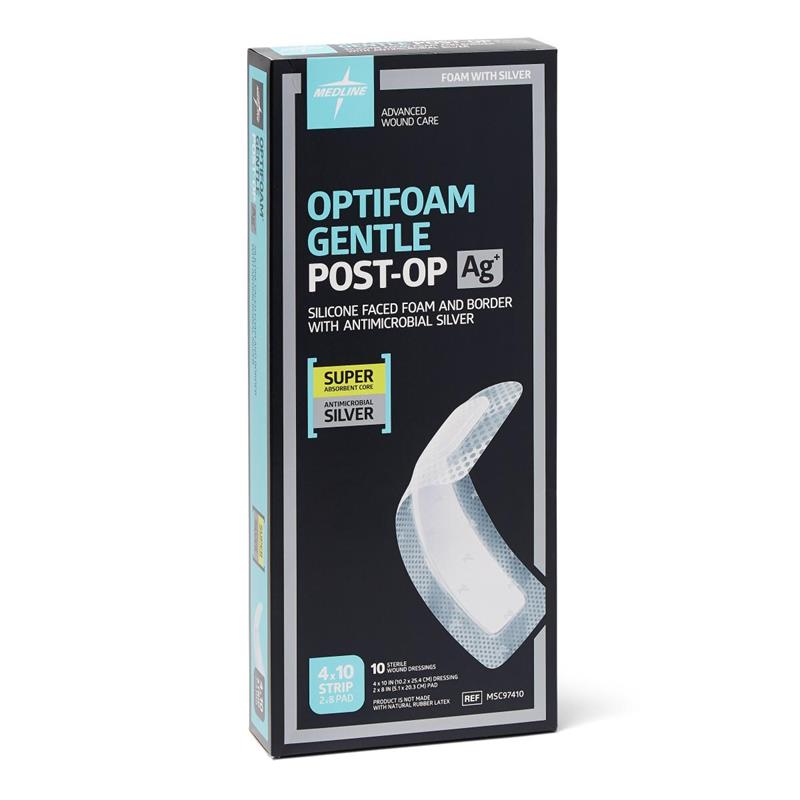 Medline MSC97410 Optifoam Gentle Ag Antimicrobial, Silicone-Faced, Post-Op Bordered Dressing, 4 inch x 10 inch, Box of 10 dressings Medline MSC97410 Optifoam Gentle Ag Antimicrobial, Silicone-Faced, Post-Op Bordered Dressing, 4 inch x 10 inch, Box of 10 dressings