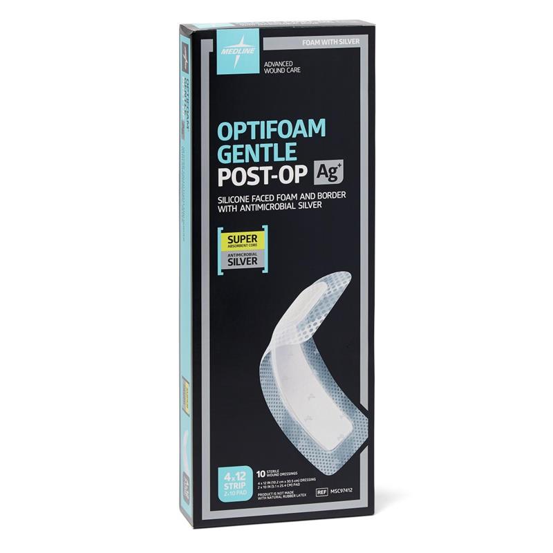 optifoam dressing Medline MSC97412 Optifoam Gentle Ag Antimicrobial, Silicone-Faced, Post-Op Bordered Dressing, 4 inch x 12 inch, Box of 10 dressings
